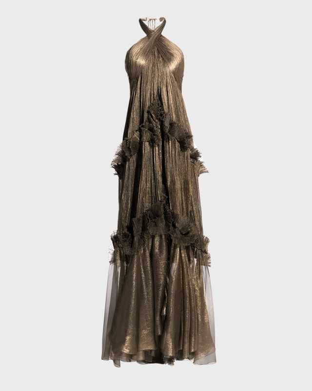 Zadie B Metallic Tiered Ruffle Halter Gown